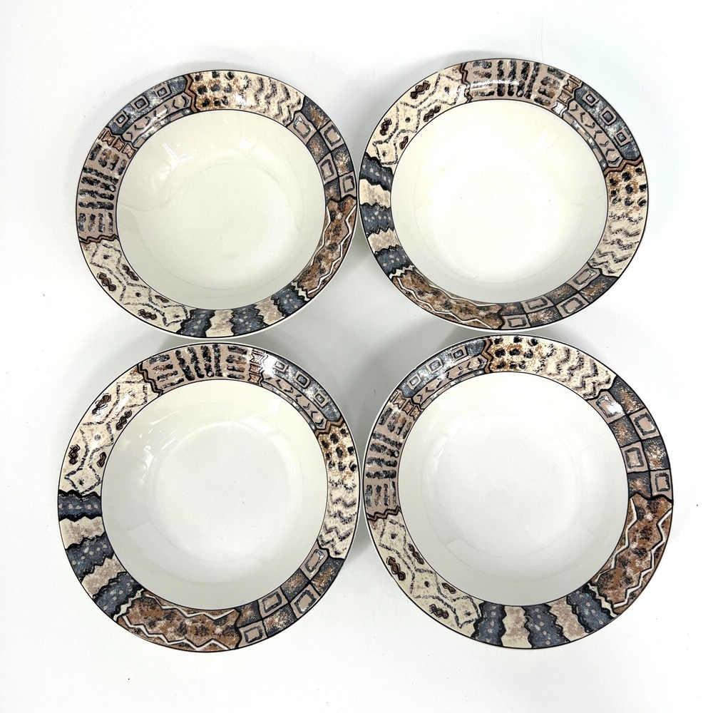 FURIO Soup Salad Cereal Bowls Set of 4 Geometric Mosaic‎ Rim Stoneware Brown 8"